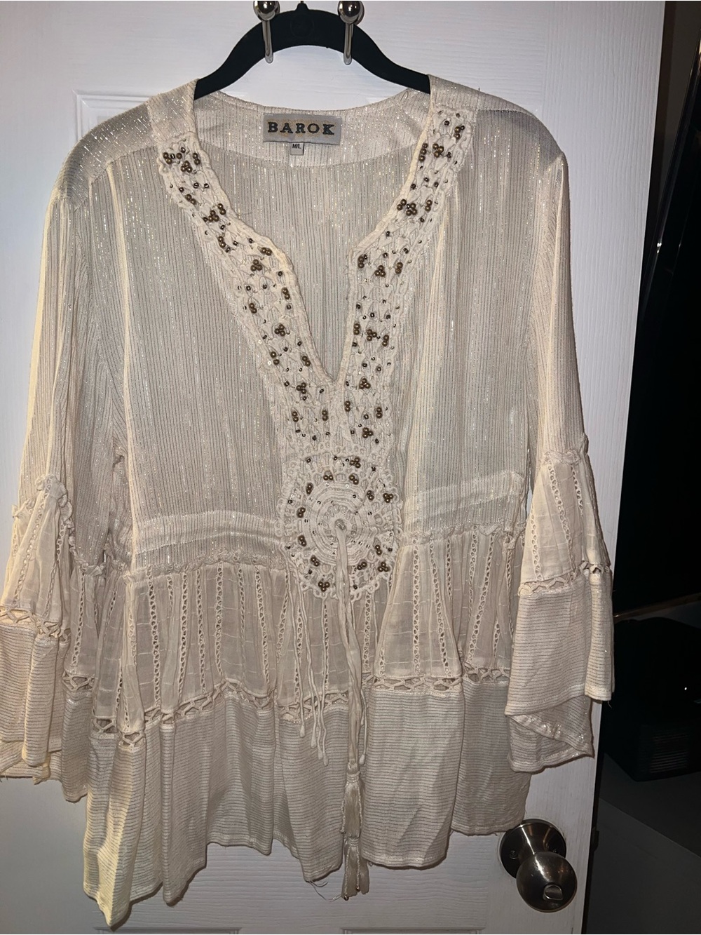 Barok Cream Embellished Boho Lace-Trim Tunic